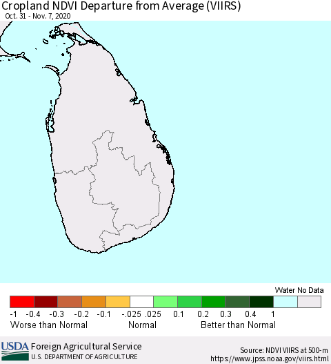 Sri Lanka Cropland NDVI Departure from Average (VIIRS) Thematic Map For 11/1/2020 - 11/10/2020