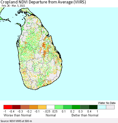 Sri Lanka Cropland NDVI Departure from Average (VIIRS) Thematic Map For 2/26/2021 - 3/5/2021