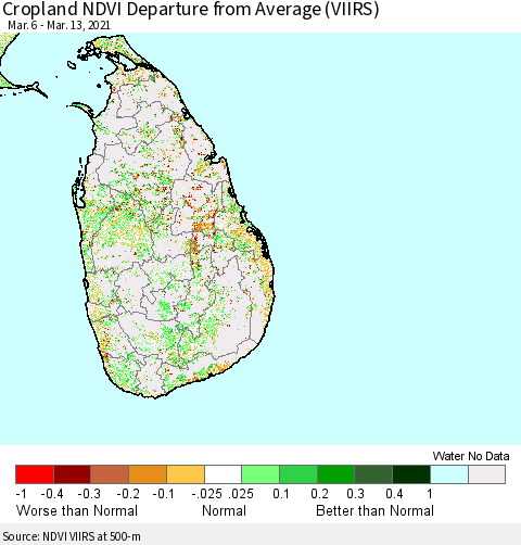 Sri Lanka Cropland NDVI Departure from Average (VIIRS) Thematic Map For 3/6/2021 - 3/13/2021
