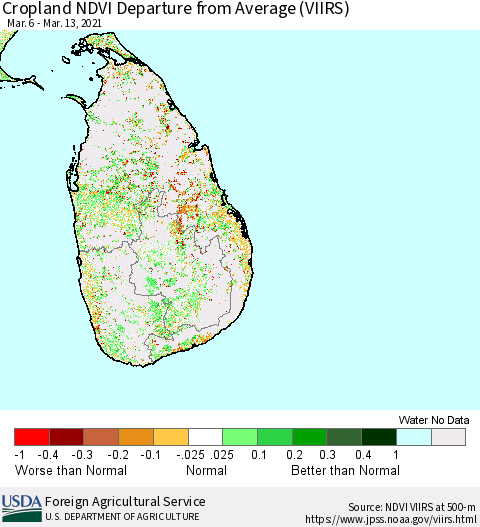 Sri Lanka Cropland NDVI Departure from Average (VIIRS) Thematic Map For 3/11/2021 - 3/20/2021