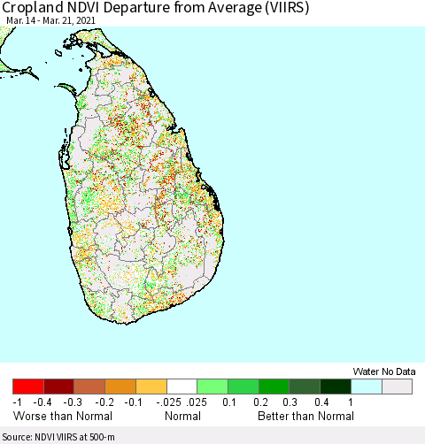 Sri Lanka Cropland NDVI Departure from Average (VIIRS) Thematic Map For 3/14/2021 - 3/21/2021