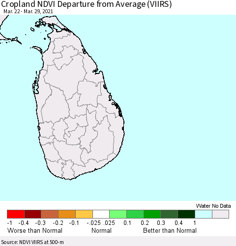 Sri Lanka Cropland NDVI Departure from Average (VIIRS) Thematic Map For 3/22/2021 - 3/29/2021