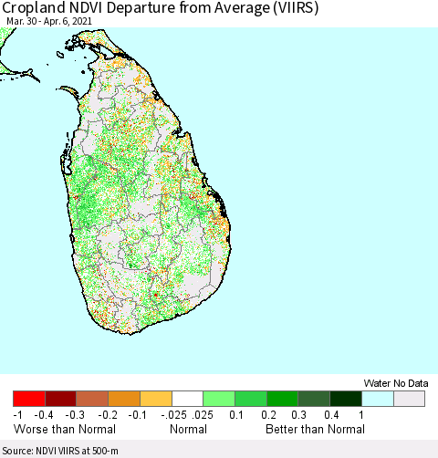 Sri Lanka Cropland NDVI Departure from Average (VIIRS) Thematic Map For 3/30/2021 - 4/6/2021