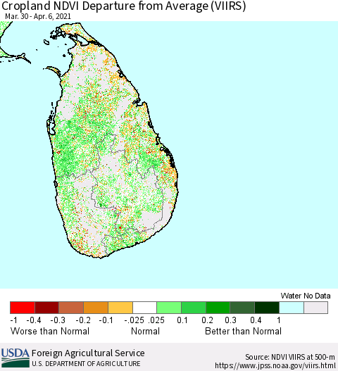 Sri Lanka Cropland NDVI Departure from Average (VIIRS) Thematic Map For 4/1/2021 - 4/10/2021