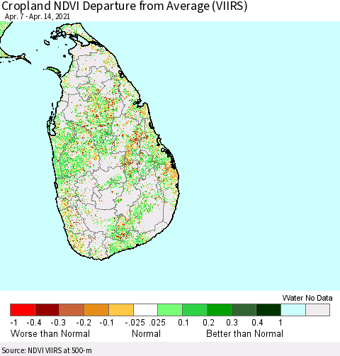 Sri Lanka Cropland NDVI Departure from Average (VIIRS) Thematic Map For 4/7/2021 - 4/14/2021