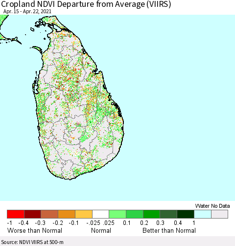 Sri Lanka Cropland NDVI Departure from Average (VIIRS) Thematic Map For 4/15/2021 - 4/22/2021