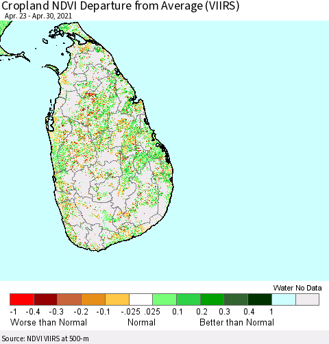 Sri Lanka Cropland NDVI Departure from Average (VIIRS) Thematic Map For 4/21/2021 - 4/30/2021