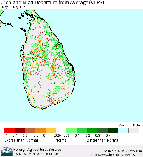 Sri Lanka Cropland NDVI Departure from Average (VIIRS) Thematic Map For 5/1/2021 - 5/10/2021
