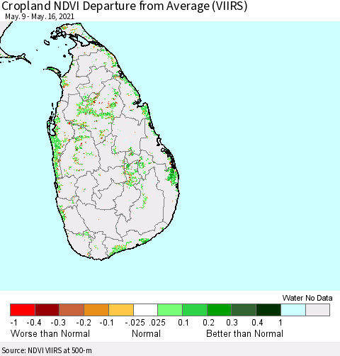 Sri Lanka Cropland NDVI Departure from Average (VIIRS) Thematic Map For 5/9/2021 - 5/16/2021