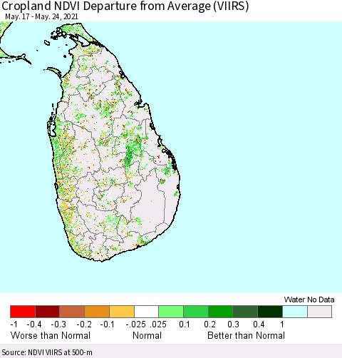 Sri Lanka Cropland NDVI Departure from Average (VIIRS) Thematic Map For 5/17/2021 - 5/24/2021