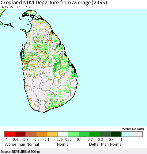 Sri Lanka Cropland NDVI Departure from Average (VIIRS) Thematic Map For 5/25/2021 - 6/1/2021