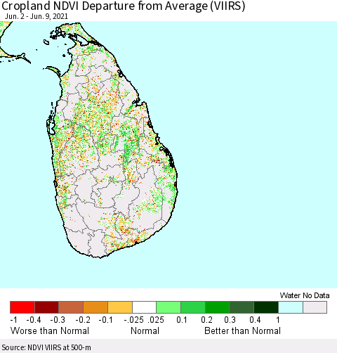 Sri Lanka Cropland NDVI Departure from Average (VIIRS) Thematic Map For 6/2/2021 - 6/9/2021