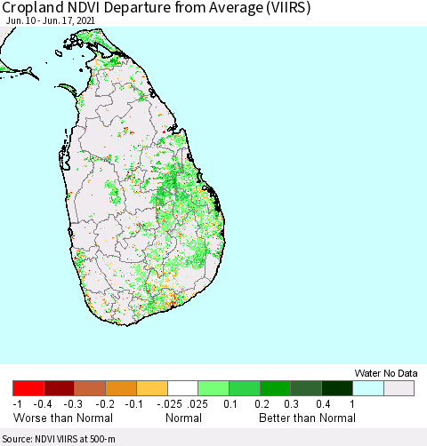 Sri Lanka Cropland NDVI Departure from Average (VIIRS) Thematic Map For 6/10/2021 - 6/17/2021