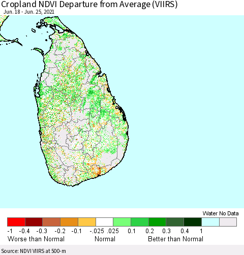 Sri Lanka Cropland NDVI Departure from Average (VIIRS) Thematic Map For 6/18/2021 - 6/25/2021