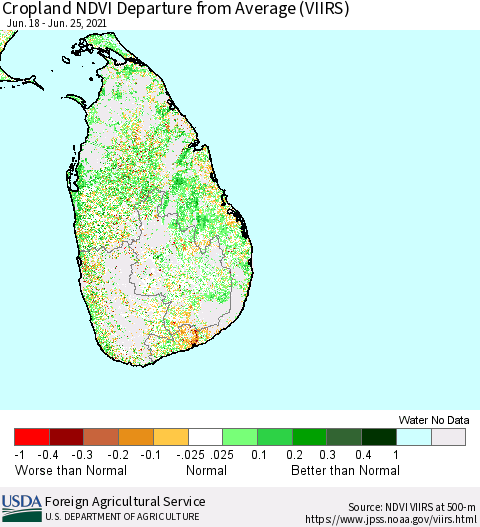 Sri Lanka Cropland NDVI Departure from Average (VIIRS) Thematic Map For 6/21/2021 - 6/30/2021