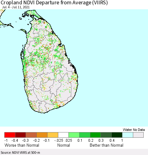 Sri Lanka Cropland NDVI Departure from Average (VIIRS) Thematic Map For 7/4/2021 - 7/11/2021