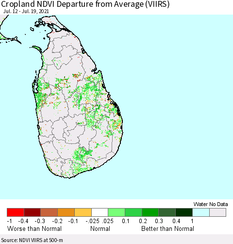 Sri Lanka Cropland NDVI Departure from Average (VIIRS) Thematic Map For 7/12/2021 - 7/19/2021
