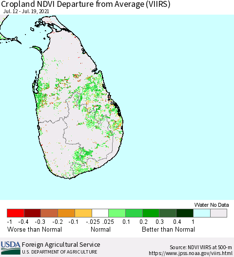 Sri Lanka Cropland NDVI Departure from Average (VIIRS) Thematic Map For 7/11/2021 - 7/20/2021