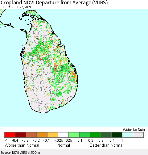 Sri Lanka Cropland NDVI Departure from Average (VIIRS) Thematic Map For 7/20/2021 - 7/27/2021