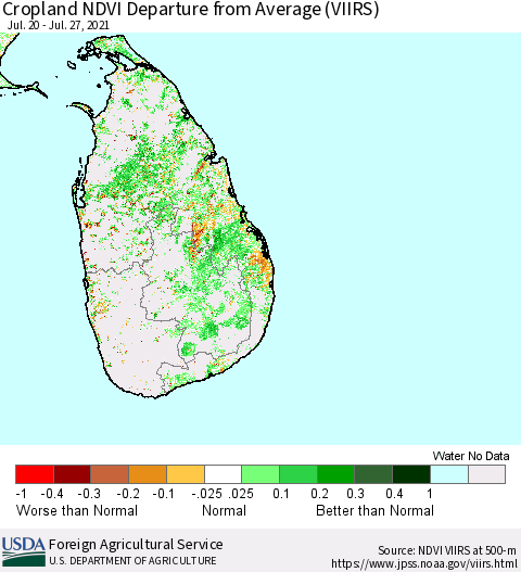 Sri Lanka Cropland NDVI Departure from Average (VIIRS) Thematic Map For 7/21/2021 - 7/31/2021