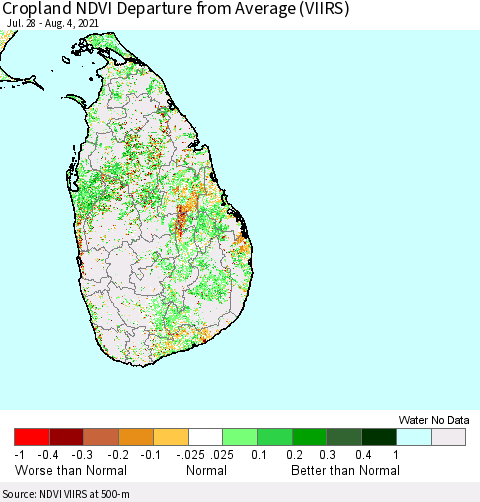 Sri Lanka Cropland NDVI Departure from Average (VIIRS) Thematic Map For 7/28/2021 - 8/4/2021