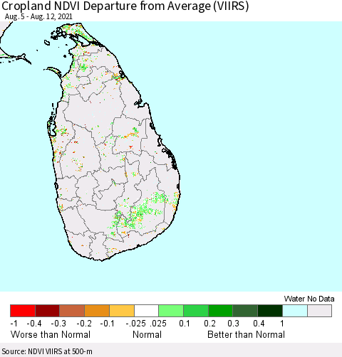 Sri Lanka Cropland NDVI Departure from Average (VIIRS) Thematic Map For 8/5/2021 - 8/12/2021