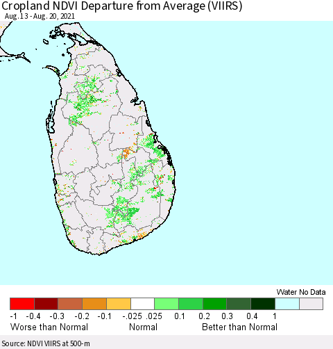 Sri Lanka Cropland NDVI Departure from Average (VIIRS) Thematic Map For 8/11/2021 - 8/20/2021