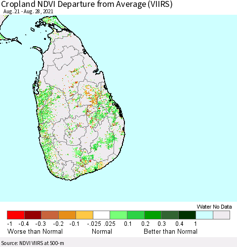 Sri Lanka Cropland NDVI Departure from Average (VIIRS) Thematic Map For 8/21/2021 - 8/28/2021