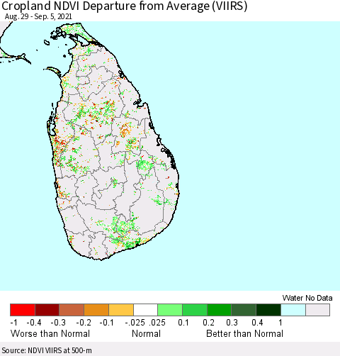 Sri Lanka Cropland NDVI Departure from Average (VIIRS) Thematic Map For 8/29/2021 - 9/5/2021
