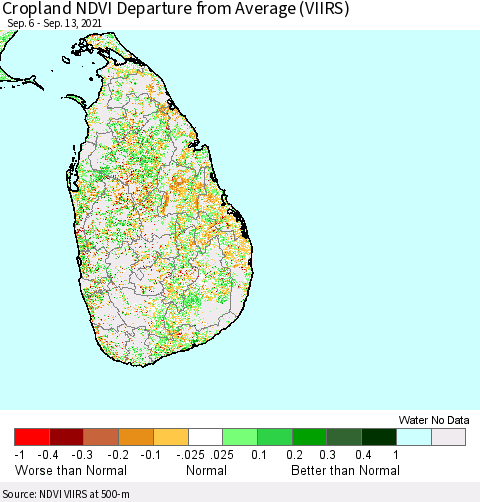 Sri Lanka Cropland NDVI Departure from Average (VIIRS) Thematic Map For 9/6/2021 - 9/13/2021
