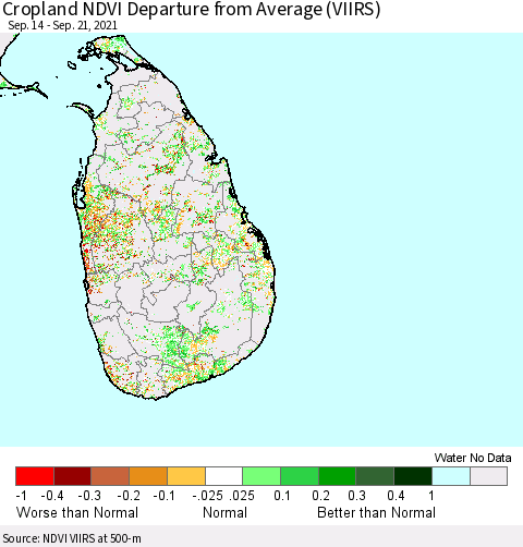 Sri Lanka Cropland NDVI Departure from Average (VIIRS) Thematic Map For 9/14/2021 - 9/21/2021