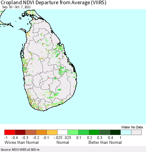 Sri Lanka Cropland NDVI Departure from Average (VIIRS) Thematic Map For 9/30/2021 - 10/7/2021