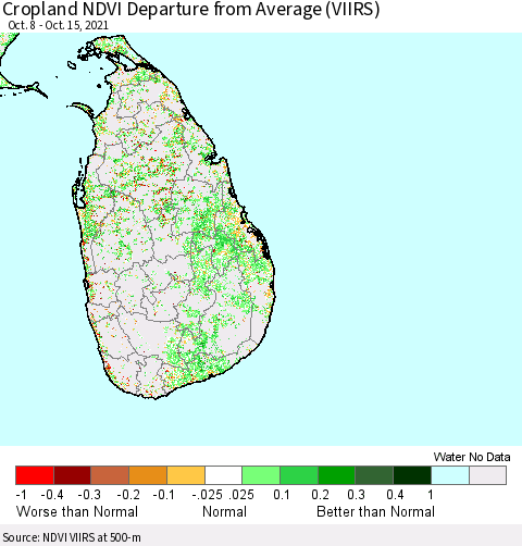 Sri Lanka Cropland NDVI Departure from Average (VIIRS) Thematic Map For 10/8/2021 - 10/15/2021