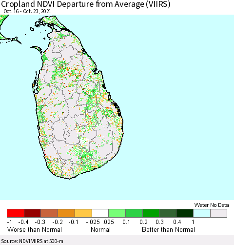 Sri Lanka Cropland NDVI Departure from Average (VIIRS) Thematic Map For 10/16/2021 - 10/23/2021