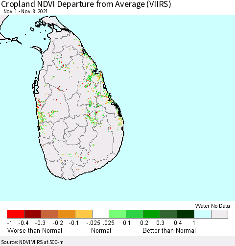 Sri Lanka Cropland NDVI Departure from Average (VIIRS) Thematic Map For 11/1/2021 - 11/8/2021