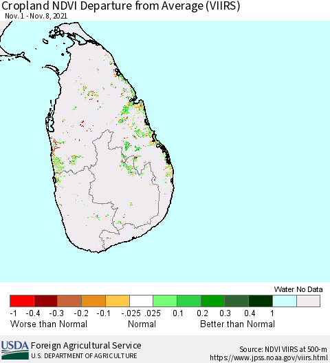 Sri Lanka Cropland NDVI Departure from Average (VIIRS) Thematic Map For 11/1/2021 - 11/10/2021