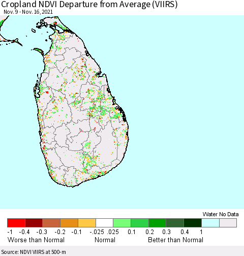 Sri Lanka Cropland NDVI Departure from Average (VIIRS) Thematic Map For 11/9/2021 - 11/16/2021