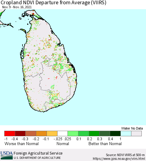 Sri Lanka Cropland NDVI Departure from Average (VIIRS) Thematic Map For 11/11/2021 - 11/20/2021