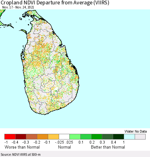 Sri Lanka Cropland NDVI Departure from Average (VIIRS) Thematic Map For 11/17/2021 - 11/24/2021