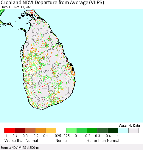 Sri Lanka Cropland NDVI Departure from Average (VIIRS) Thematic Map For 12/11/2021 - 12/18/2021