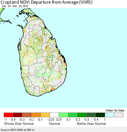 Sri Lanka Cropland NDVI Departure from Average (VIIRS) Thematic Map For 12/19/2021 - 12/26/2021