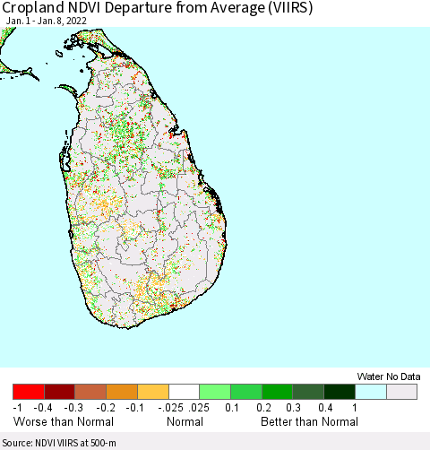 Sri Lanka Cropland NDVI Departure from Average (VIIRS) Thematic Map For 1/1/2022 - 1/8/2022