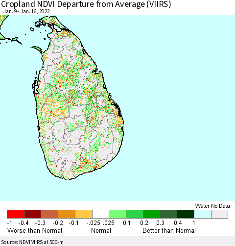 Sri Lanka Cropland NDVI Departure from Average (VIIRS) Thematic Map For 1/9/2022 - 1/16/2022