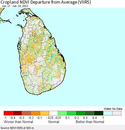 Sri Lanka Cropland NDVI Departure from Average (VIIRS) Thematic Map For 1/17/2022 - 1/24/2022