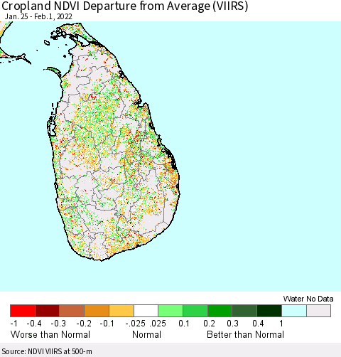 Sri Lanka Cropland NDVI Departure from Average (VIIRS) Thematic Map For 1/25/2022 - 2/1/2022