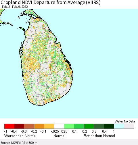 Sri Lanka Cropland NDVI Departure from Average (VIIRS) Thematic Map For 2/2/2022 - 2/9/2022