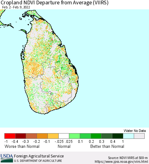 Sri Lanka Cropland NDVI Departure from Average (VIIRS) Thematic Map For 2/1/2022 - 2/10/2022