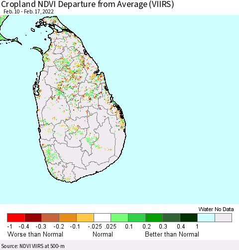 Sri Lanka Cropland NDVI Departure from Average (VIIRS) Thematic Map For 2/10/2022 - 2/17/2022