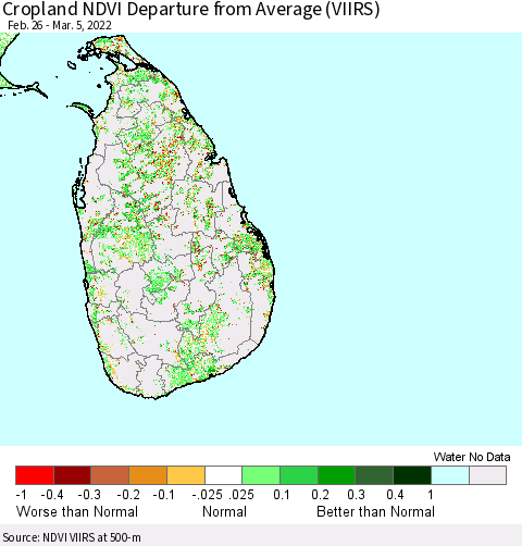 Sri Lanka Cropland NDVI Departure from Average (VIIRS) Thematic Map For 2/26/2022 - 3/5/2022