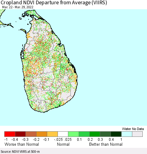 Sri Lanka Cropland NDVI Departure from Average (VIIRS) Thematic Map For 3/22/2022 - 3/29/2022